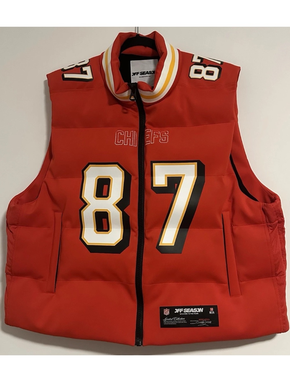 Off Season Travis Kelce #87 Kansas City Chiefs Puffer Vest Mens 2XL Womens 3XL